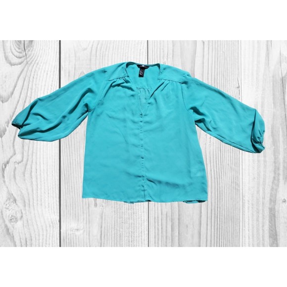 H&M Size 2 Blue Green Teal Bell 3/4 Sleeve Polyester Blouse Boho Hippy Top Shirt - Picture 1 of 5